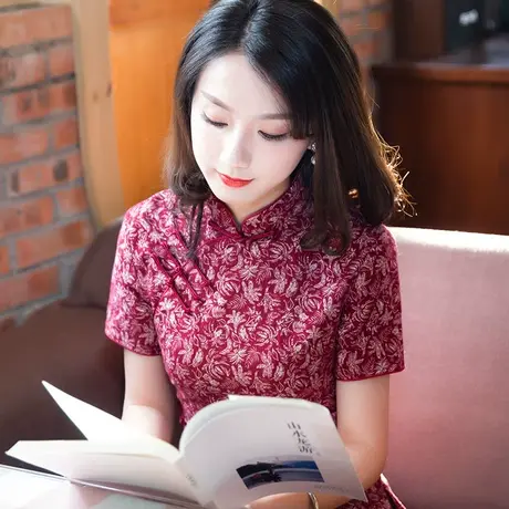 筠雅唐装女装中国风复古盘扣旗袍式上衣红色棉麻短袖茶服中式服装商品大图