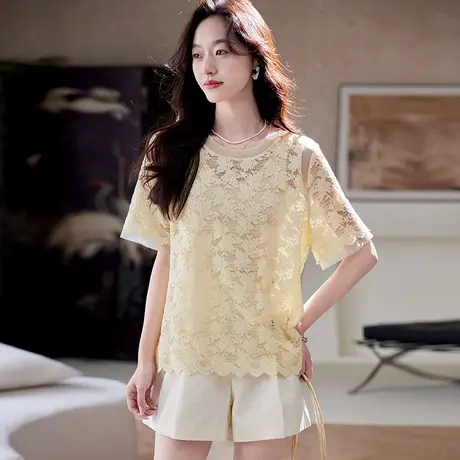 宝诗黎圆领蕾丝镂空短袖T恤2025夏季百搭时尚显瘦套头气质上衣女图片