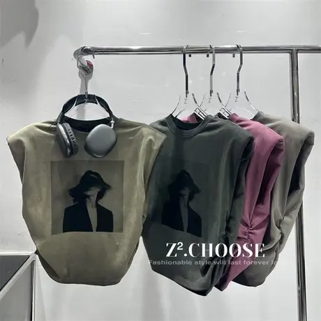 美式复古夏2024新款小众复古显瘦无袖人脸印花T恤打底内搭上衣女商品大图