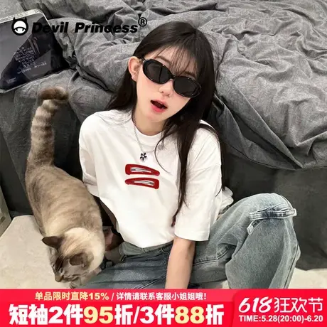 小众ins风高街潮牌白色正肩t恤女短袖甜酷设计感纯棉百搭半袖上衣商品大图