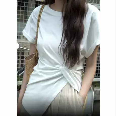 开叉褶皱短袖T恤女2025夏季新款大码宽松遮肉显瘦不规则体恤上衣商品大图
