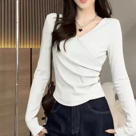 设计感洋气V领正肩长袖T恤女装2024秋季新款掐腰钮扣修身显瘦上衣商品大图