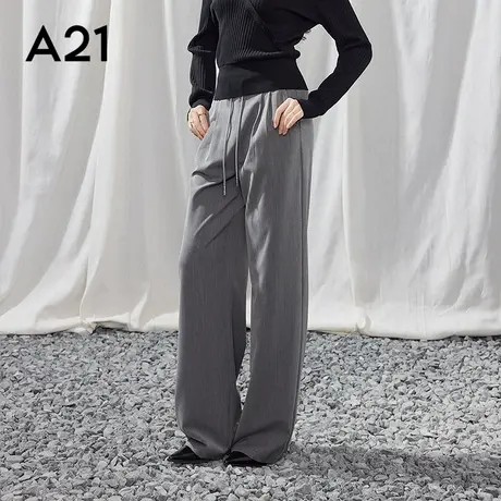 女装黑色系带褶皱休闲裤薄款长裤宽松阔腿裤商品大图