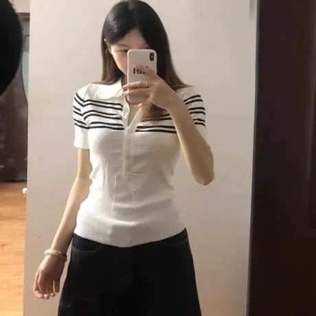 polo领条纹针织衫正肩短袖T恤女夏季设计感小众修身显瘦辣妹上衣图片