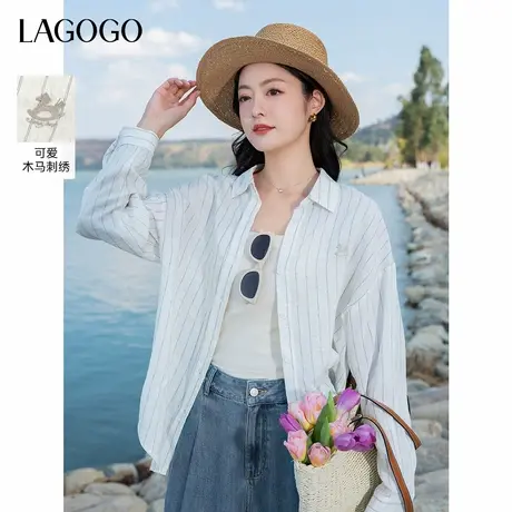 LAGOGO竖条纹宽松遮阳白衬衫女拉谷谷2025夏新款休闲轻薄长袖上衣商品大图