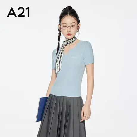 A21女装四色可选V领薄毛针织衫2025夏季新款简约短上衣F452243030商品大图