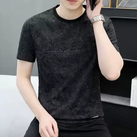 夏季新款立体字母圆领灰色高端T恤短袖男薄款修身复古半袖体恤衫图片