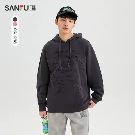 三福2025春季男士街头潮流贴布卫衣 宽松落肩带帽上衣496667图片
