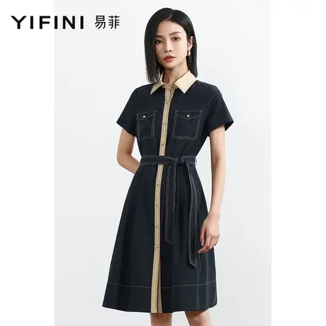 Yifini/易菲法式复古短袖中长款连衣裙女2023夏季新款显瘦衬衫裙商品大图