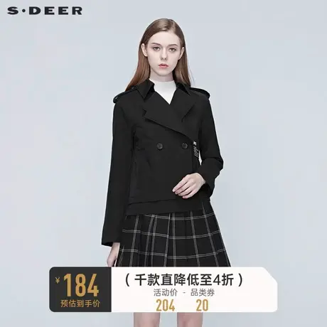 sdeer圣迪奥春秋装百搭双排扣不对称短款黑色长袖外套女S20382214🙋商品大图