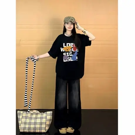 美式复古黑色纯棉短袖t恤女2025夏季高街宽松oversize半袖上衣潮图片