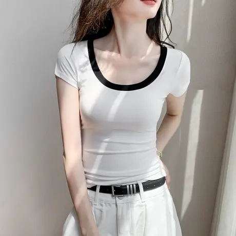 撞色大圆领短袖t恤女2025夏季新款设计感小众别致衬衫内搭打底衫商品大图