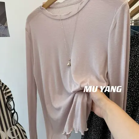 裸感肌肤tee~ 兰精天丝羊毛木耳卷边内搭长袖T恤女防晒罩衫打底衫商品大图