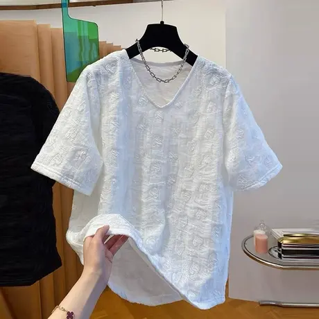 肌理感V领短袖T恤女夏季2025新款韩版宽松大码打底衫内搭外穿上衣图片