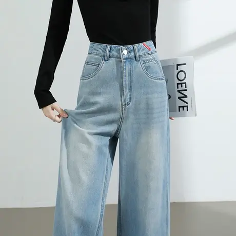 阔腿牛仔裤女夏季薄款高腰宽松显瘦垂感大码胖MM浅蓝色直筒拖地裤商品大图