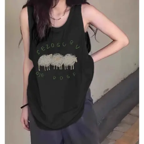 美式吊带背心女黑色夏外穿新款篮球运动宽松慵懒t恤无袖坎肩上衣图片