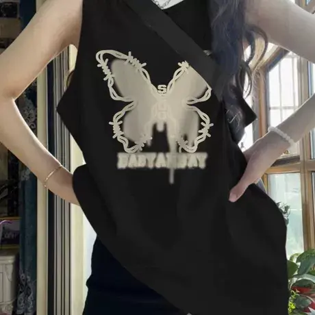 纯棉吊带运动坎肩背心无袖t恤女夏外穿设计感小众宽松慵懒风上衣图片