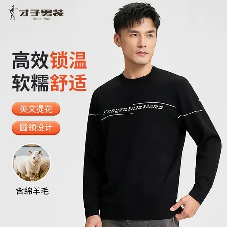 才子男装圆领羊毛针织衫男士2024秋冬季新款打底内搭撞色提花毛衣图片
