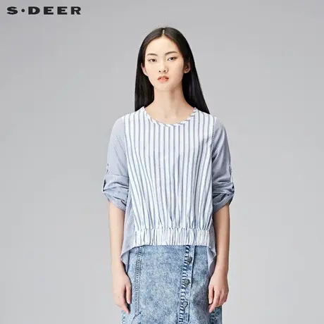 sdeer圣迪奥2018秋装女装休闲蓝白条纹拼接圆领长袖衬衫S18180503图片