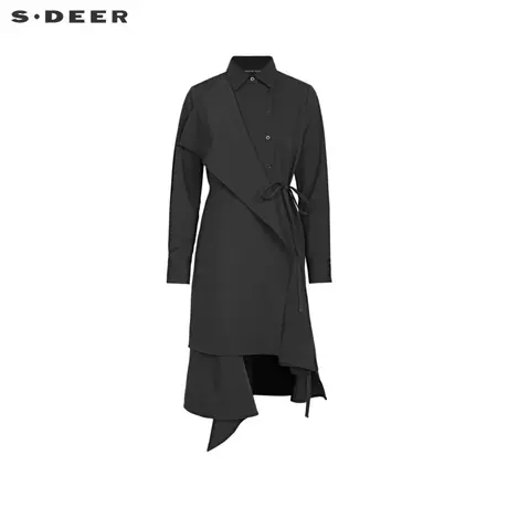 sdeer圣迪奥22春新品休闲收腰不规则衬衫黑色通勤连衣裙S221Z1275图片