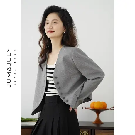 嘉茱莉2025新款V领小西装外套女小个子短款上衣女士设计感外套商品大图