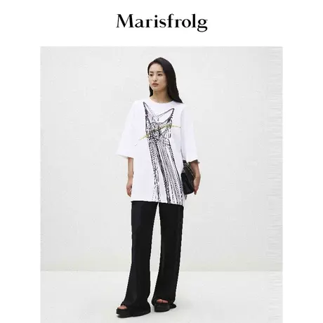 【艺术匠坊】玛丝菲尔春季白色正肩圆领短袖印花T恤女图片