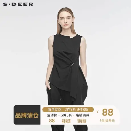 sdeer圣迪奥女装时尚休闲圆领立体字母垂褶设计无袖上衣S19280306图片