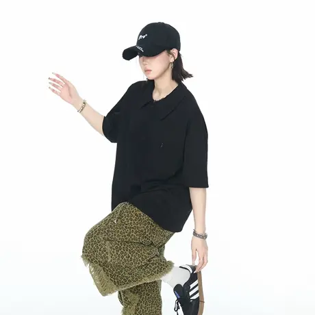 YEP复古纯色拉链POLO衫男女夏季新款短袖t恤正肩宽松情侣装半袖潮商品大图