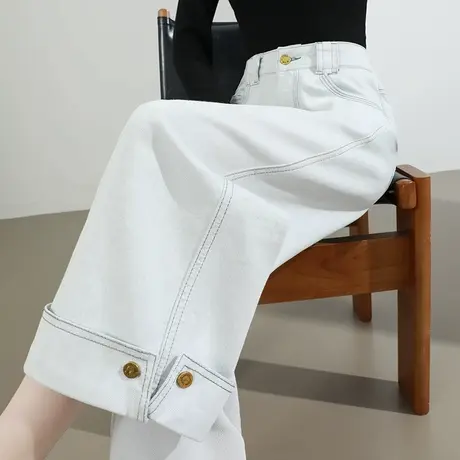 莱赛尔天丝翻边直筒牛仔裤女夏季薄款宽松高腰八九分小个子阔腿裤商品大图
