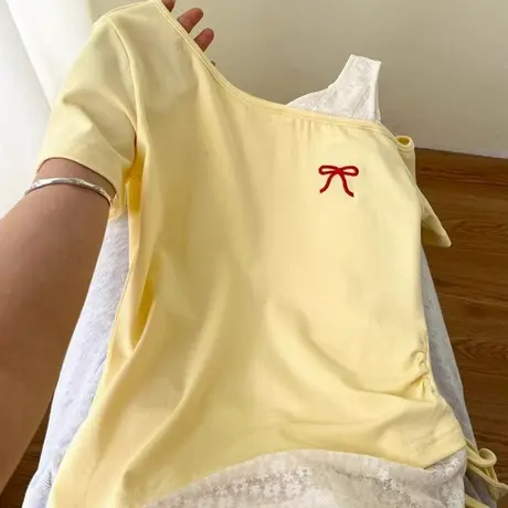 斜肩蕾丝花边拼接短袖T恤女夏季修身韩版短款设计感小众上衣半袖商品大图