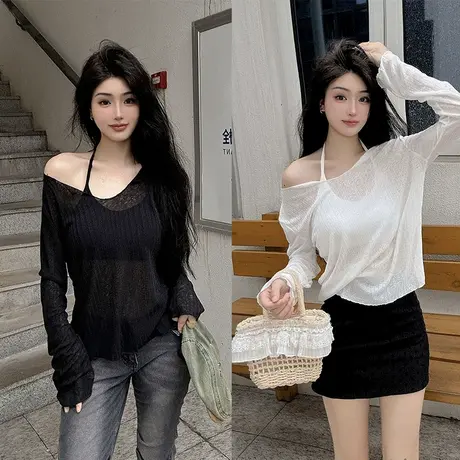 2025薄款针织防晒罩衫女慵懒风时尚坑条休闲上衣黑色v领宽松t恤图片