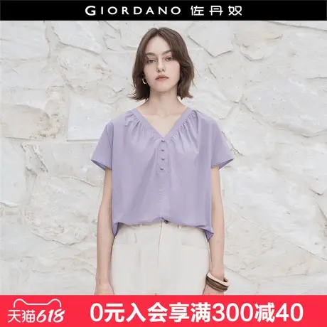 设计师款佐丹奴短袖衬衫女纯棉假门筒V领连袖法式衬衫女18345104图片