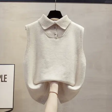 2024秋冬新款设计感翻领针织马甲女宽松叠穿时尚毛背心无袖毛衣女商品大图