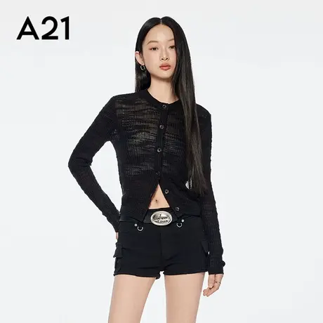 A21女装圆领长袖薄款毛针织衫2025夏季新款简约单排扣短款空调衫商品大图
