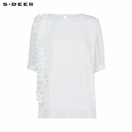 sdeer圣迪奥女装25年新品田园风圆领木耳边中袖T恤S252Z0120商品大图