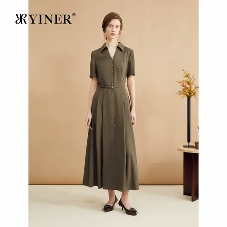 YINER音儿女装秋季阳离子染色纱法式海鸥领收褶连衣裙商品大图