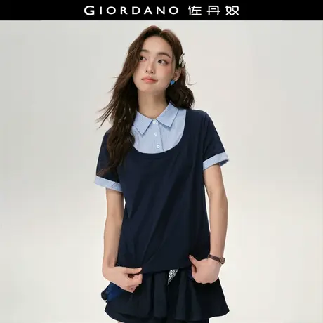 设计师款佐丹奴短袖Polo衫女新款假两件拼接格纹翻领上衣18315802图片