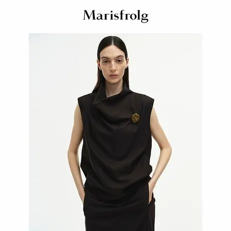 Marisfrolg玛丝菲尔2025秋新款深咖高堆领可调节下摆无袖内搭上衣图片