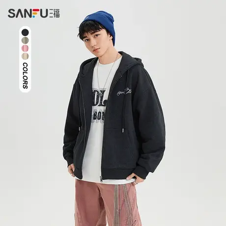 三福2025春季男士蜡染开衫带帽卫衣 街头潮流宽松上衣496671图片