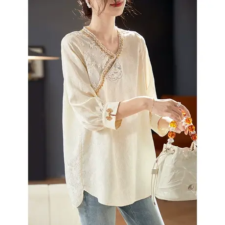 宝诗黎七分袖钉珠提花雪纺衫女2025春季气质高级感新中式百搭上衣商品大图