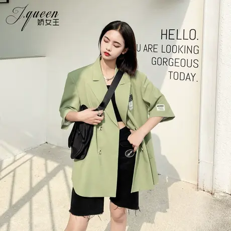 短袖西装外套女夏季新款宽松廓形贴标设计感炸街网红绿色小西服图片