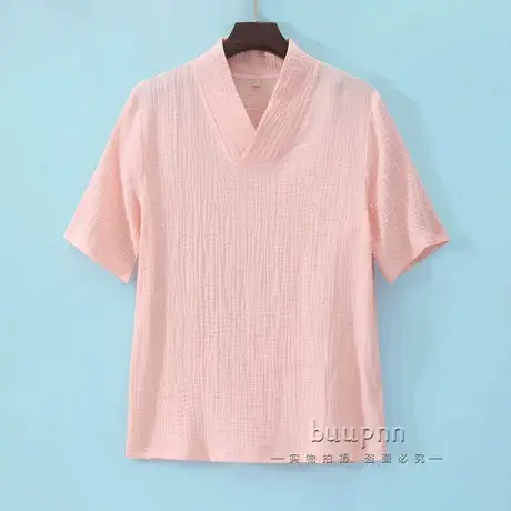 纯棉双层纱义领t恤五分袖改良汉服内搭打底中袖交领上衣护颈短袖图片