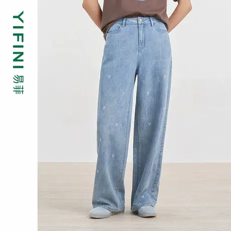 [专柜同款]Yifini/易菲单宁蓝色烫钻印花阔腿裤女牛仔裤D04K1032商品大图
