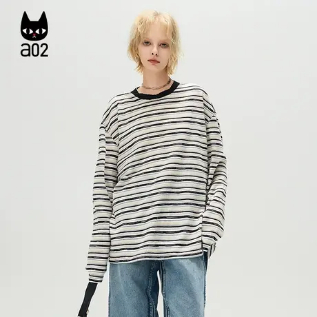 a02【ET自然系列】圆领条纹长袖T恤女2025春季新款气质上衣商品大图