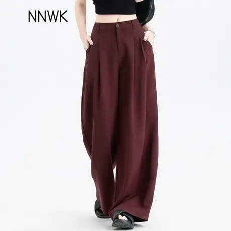 天丝裤子女2025新款高腰直筒休闲裤垂感冰丝阔腿裤夏季薄款酒红色商品大图
