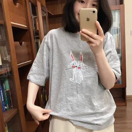 韩国东大门柔软手绘小兔子舒服棉质卡通短袖T恤女百搭半袖上衣夏商品大图