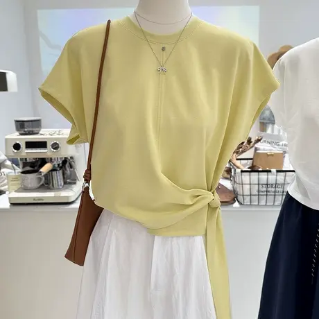 夏季新款韩系小众慵懒风系带收腰宽松显瘦圆领短袖t恤女正肩上衣商品大图
