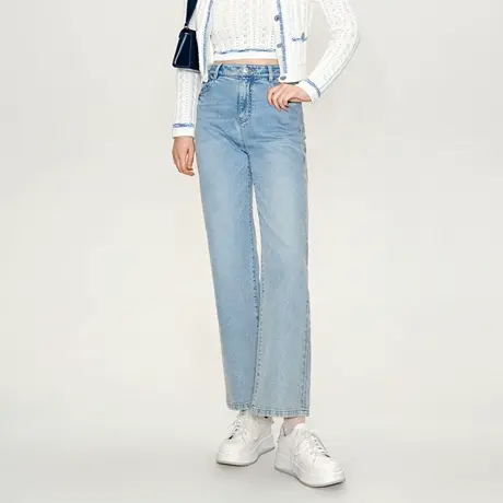 可可尼COCOON 商场同款春季时尚浅蓝色侧缝烫钻直筒牛仔裤子女士商品大图
