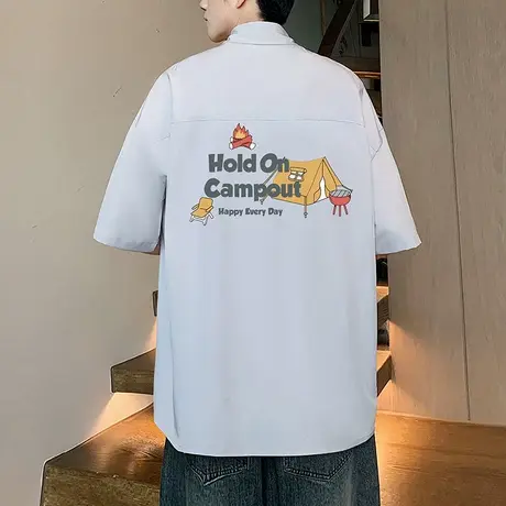 衬衫男新款2025夏季宽松翻领衬衣美式休闲外套ins潮牌短袖上衣服商品大图