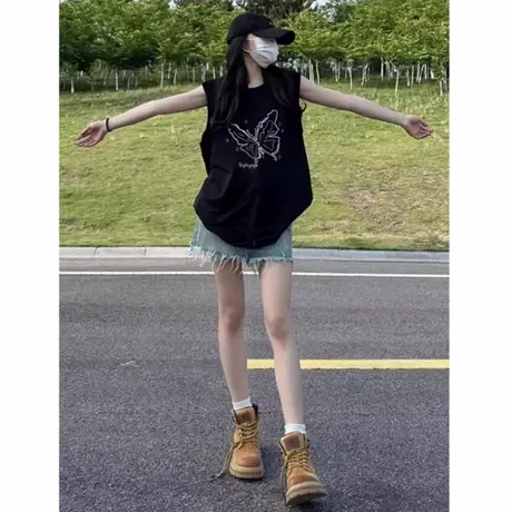 美式坎肩黑色背心蝴蝶女夏外穿2025新款宽松潮牌无袖t恤运动上衣图片